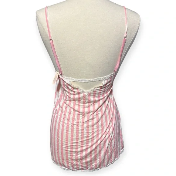 Victoria’s Secret NWT Pink White Lace Striped Chemise Slip Nightie Size Small - Picture 2 of 8